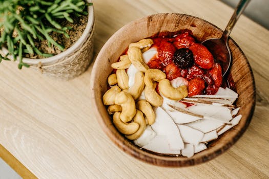 healthy breakfast bowl with fruits and nuts