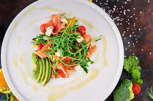 healthy dinner plate with salmon and veggies