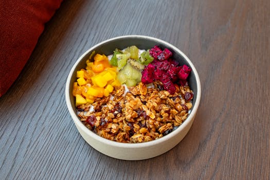 colorful fruit and yogurt breakfast bowl